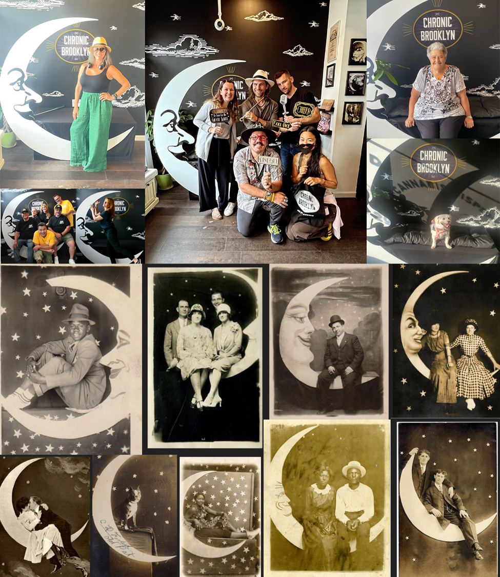 Chronic Brooklyn team posing in front of our crescent moon display